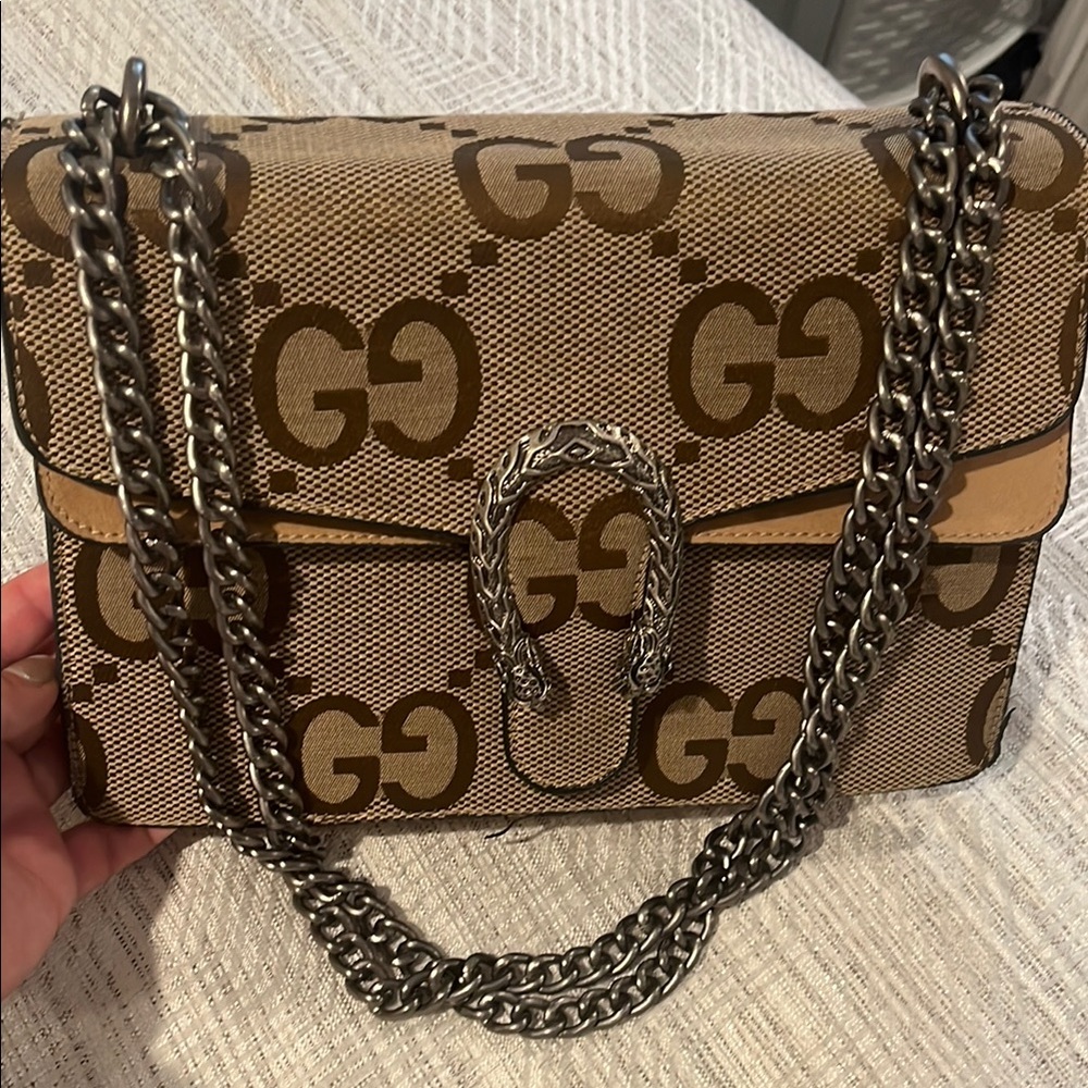 Gucci Brown Monogram Canvas Shoulder Bag with Chain
